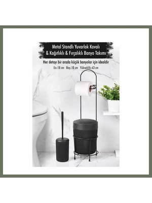 Bezos Metal Standlı Yuvarlak Kovalı & Kağıtlıklı & Fırçalıklı Siyah Banyo Takımı Bezos1