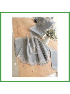 Soi Home Çeyizlik Firuze Model Gri 5 Parça Keten Dantelli Salon Takımı Runner Seti No 486745 Soı
