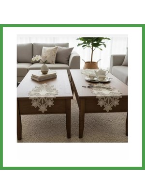 Soi Home Selena Model Krem Çeyizlik Dantelli Keten Masa Örtüsü Runner Seti Salon Takımı Soı