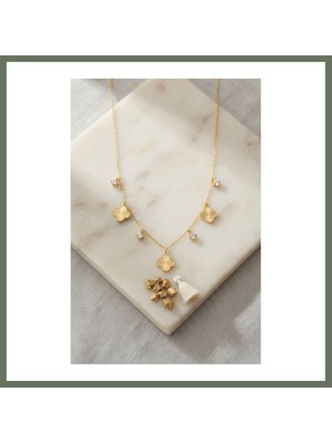 Bezos Pirinç Gold Renk Zirkon Taşlı Yonca Model Kadın Kolye Bezos1