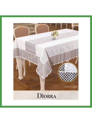 Soi Home 160X260 cm Keten Diorra Model Krem-Gold Kendinden Runnerli Zarif Yemek Örtüsü Soı