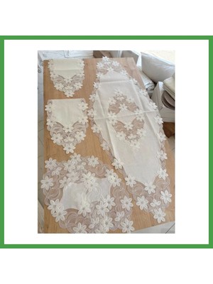 Soi Home Salon Takımı Çeyizlik Krem Runner Set 5 Parça Keten Masa Örtüsü Runneri Lüx Evita Soı