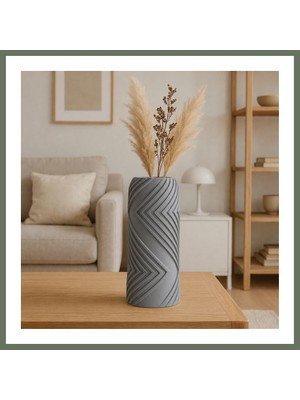Bezos 3D Baskı Vector Vazo - Geometrik Çizgili Dekoratif Vazo-Gri Bezos1