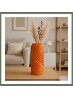 Bezos 3D Baskı Vector Vazo - Geometrik Çizgili Dekoratif Vazo-Turuncu Bezos1