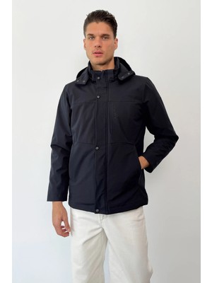 Erkek Kapüşonlu 3 Gizli Cepli Fermuarlı Softshell Mont Lacivert - 27K 2414
