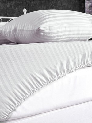 Tr Pamuk Saten 180X200 Çift Kişilik Çizgili Lastikli Çarşaf Seti Beyaz 180 x 200 ALENANM383