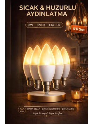Tr 8W LED Ampul, E14 Duy, 3200K, Mum Tipi, 5'li Set