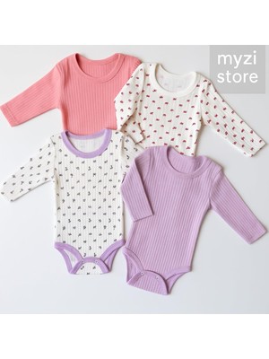 Tr Myzi Store Kız Bebek 4 Adet (2 Desenli-2 DÜZ)%100 Pamuk Uzun Kollu Çıtçıtlı Body Badi Z�