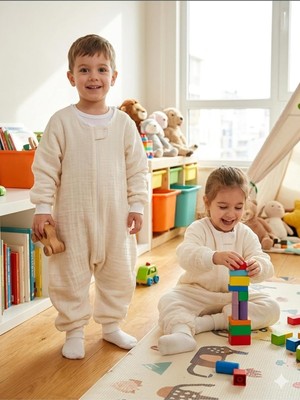 Tr Kollu Yazlık Tek Kat Müslin Uyku Tulumu, 0.5 Tog, %100 Pamuk, Krem, 6-12 Ay, Unisex