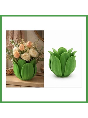 Soi Home 3D Baskı Lotus Yapraklı Vazo - Dekoratif Çiçeklik-Yeşil Soı