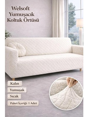 Tr Peluş Lastikli Koltuk Örtüsü 3 Kişilik Yıkanabilir Esnek Koltuk Kılıfı Krem 180 x 230