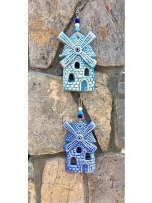 Tr Dekoratif Seramik Yel Değirmeni Duvar Süsü, El Yapımı, 2'li Set, Mavi, 20 cm