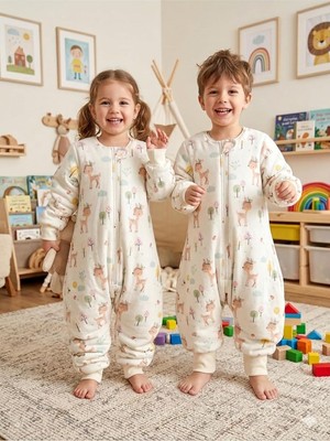 Tr Kollu Elyaflı Uyku Tulumu, %100 Doğal Pamuk, Çift Kat Pazen, Unisex, Ekru, 0-6 Ay