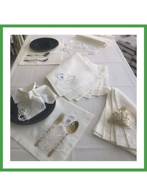 Soi Home Sofra Takımı Taç Gardenya Keten Yemek Takımı 160X260 Masa Seti 26 Parça Runner Set Krem Soı
