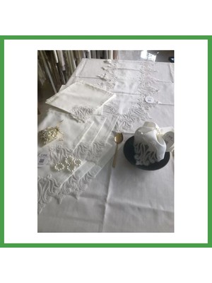 Soi Home Sofra Takımı 155X220 cm Masa Seti Keten Dantelli Dekoratif Gülse Model Yemek Masası Örtüsü Krem Soı