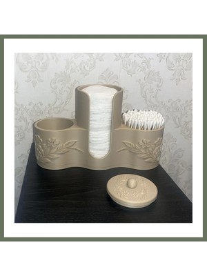 Bezos 3D Baskı Makyaj Pamuğu ve Kulak Çubuğu Tutucu Çiçek Desenli Kapaklı Banyo Organizeri Bej Bezos1