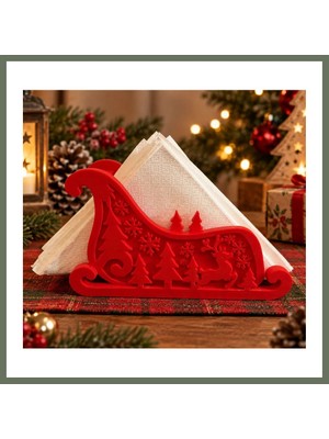 Bezos 3D Baskı Noel Kızağı Formlu Yılbaşı Peçetelik Dekoratif Yeni Yıl Sofra Peçete Tutucu Kırmızı Bezos1