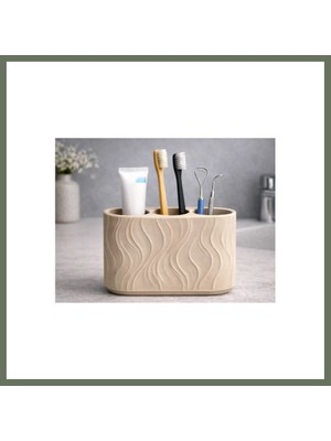 Bezos 3D Baskı Üç Bölmeli Diş Fırçalık Dalga Desenli Banyo Organizeri Minimalist Diş Fırçası Tutucu Bej Bezos1