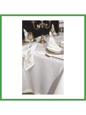Soi Home Sofra Takımı Valeron Gardenya Keten Yemek Takımı 160X260 Masa Seti 26 Parça Pullu Boncuklu Krem Soı