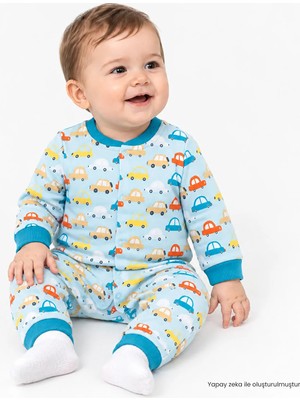 Hellobaby Erkek Bebek Tulum Araba Baskılı Bisiklet Yaka Çıtçıtlı Uzun Kol Uzun Paça