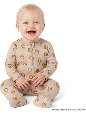 Hellobaby Erkek Bebek Tulum Aslan Baskılı Bisiklet Yaka Fermuarlı Uzun Kol Uzun Paça