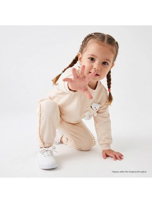 Hellobaby Kız Bebek Eşofman Takımı Ayı Baskılı Bisiklet Yaka Long Sleeve Lastikli