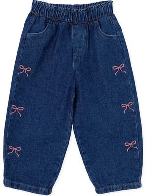 Hellobaby Kız Bebek Denim Pantolon Fiyonk Baskılı Düğmeli Lastikli