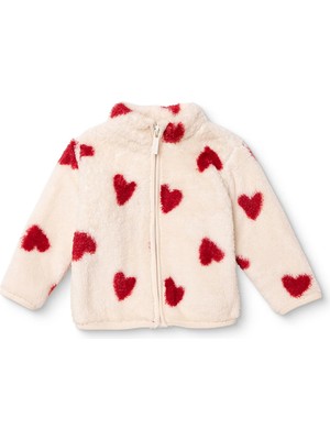 Hellobaby Kız Bebek Welsoft Hırka Kalp Baskılı Fermuarlı Dik Yaka Long Sleeve
