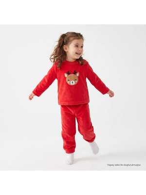 Hellobaby Kız Bebek Kadife Pijama Takımı New Year Yeniyıl Baskılı Bisiklet Yaka Çıtçıtlı Uzun Kol Uzun Paça