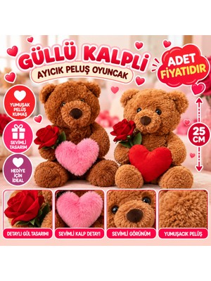 Akıllı Bayi 25 cm Güllü Kalpli Ayıcık Peluş Oyuncak