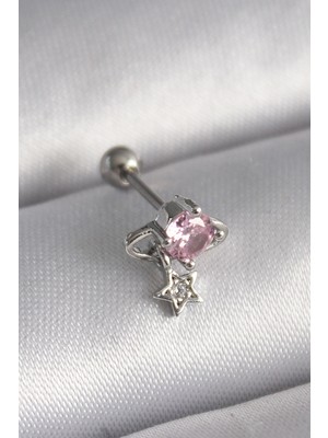 MiraLive 316L Çelik Gümüş Renk Pembe Zirkon Taşlı Sallantı Yıldız Detay Tragus Piercing TJ-PR1237