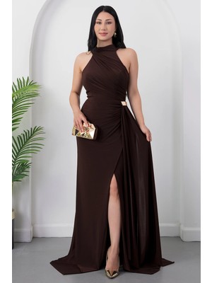 Kalopya Halter Yaka Drapeli Tokalı Abiye Elbise ECR5862