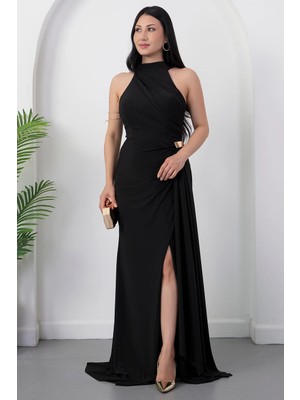 Kalopya Halter Yaka Drapeli Tokalı Abiye Elbise ECR5862