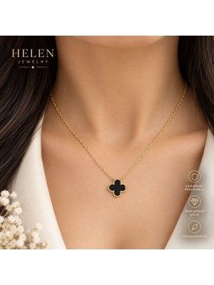 Helen Jewerly Siyah Yonca Çelik Kararmaz Kolye