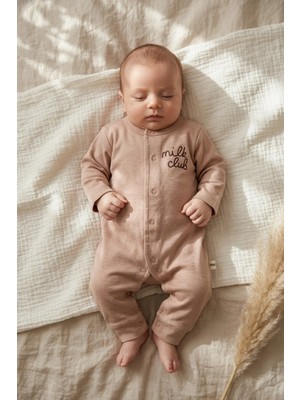Babydonat Milk Desenli Kahverengi % 100 Pamuk, Ayaksız Erkek Bebek Tulumu 0-3 Ay