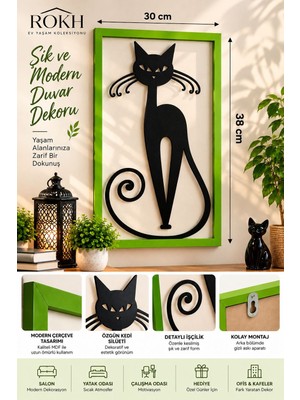 Rokh 🐈 Dekoratif Kedi Figürlü Duvar Panosu 30X38 cm | Çim Yeşili Çerçeveli Siyah Kedi Silüeti | Mdf Modern Duvar Dekoru