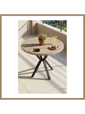 Bezos Mutfak Masası 90 cm Yuvarlak Masa Modern Metal Ayaklı Cafe Balkon Ofis Yemek Masası 9826 Traverten 22