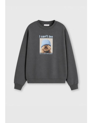 Monila Kadın Premium Kumaş Şardonlu Köpek Baskılı Sweatshirt