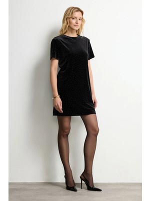 Love My Body  Taş Detaylı Kısa Kollu Kadife Elbise Siyah 124L9793001