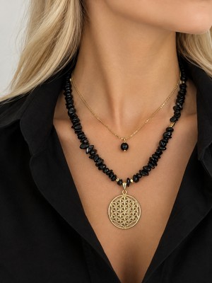 Almin Siyah Obsidyen ve Çelik Kolye Ikili Set