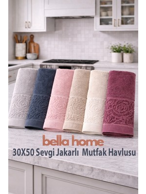 Bella Home Nurpak Sevgi Jakarlı Mutfak Havlusu | 30X50 cm | %100 Pamuk | 6’lı Set | Yumuşak ve Yüksek Emici