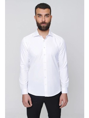 Efor Slim Fit %100 Pamuk Yarım Italyan Yaka Düz Beyaz Gömlek Gk 765