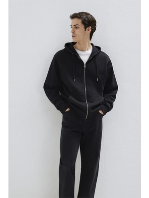 Mavi Erkek Kapüşonlu Fermuarlı Basic Sweatshirt Siyah
