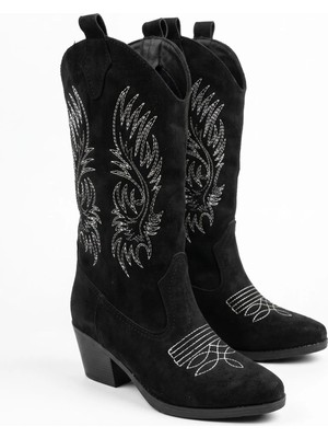 v.s.h velvet Sara Kadın Western Basklılı  Siyah Kovboy Çizme