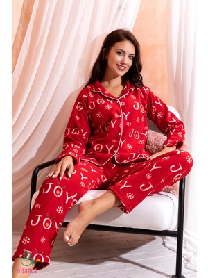 Kışlık Yılbaşı Desenli Kadın Gömlek Polar Pijama Takımı- Geyikli Yılbaşı Pijaması- Gen