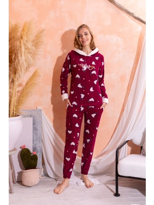 Kapüşonlu  Kışlık Kadın Peluş Polar Pijama Takımı - Yeni Yıl Pijaması