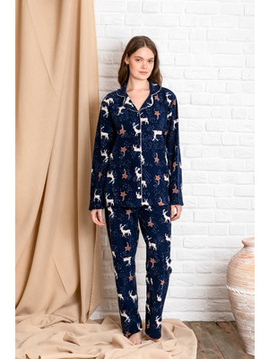 Kışlık Yılbaşı Desenli Kadın Gömlek Polar Pijama Takımı- Geyikli Yılbaşı Pijaması- Gen
