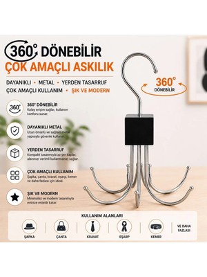 Webmall Çok Fonksiyonlu 360 Derece Döner Metal Askı – Dolap, Gardırop, Çanta, Kemer ve Kravat Düzenleyici
