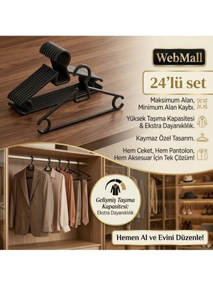 Webmall 24 Adet Siyah Plastik Elbise Kıyafet Askısı A Kalite 24'lü Set