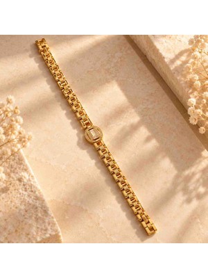İlge Ilge Gold Renk Geometrik Zincir Model Taş Detaylı Bileklik